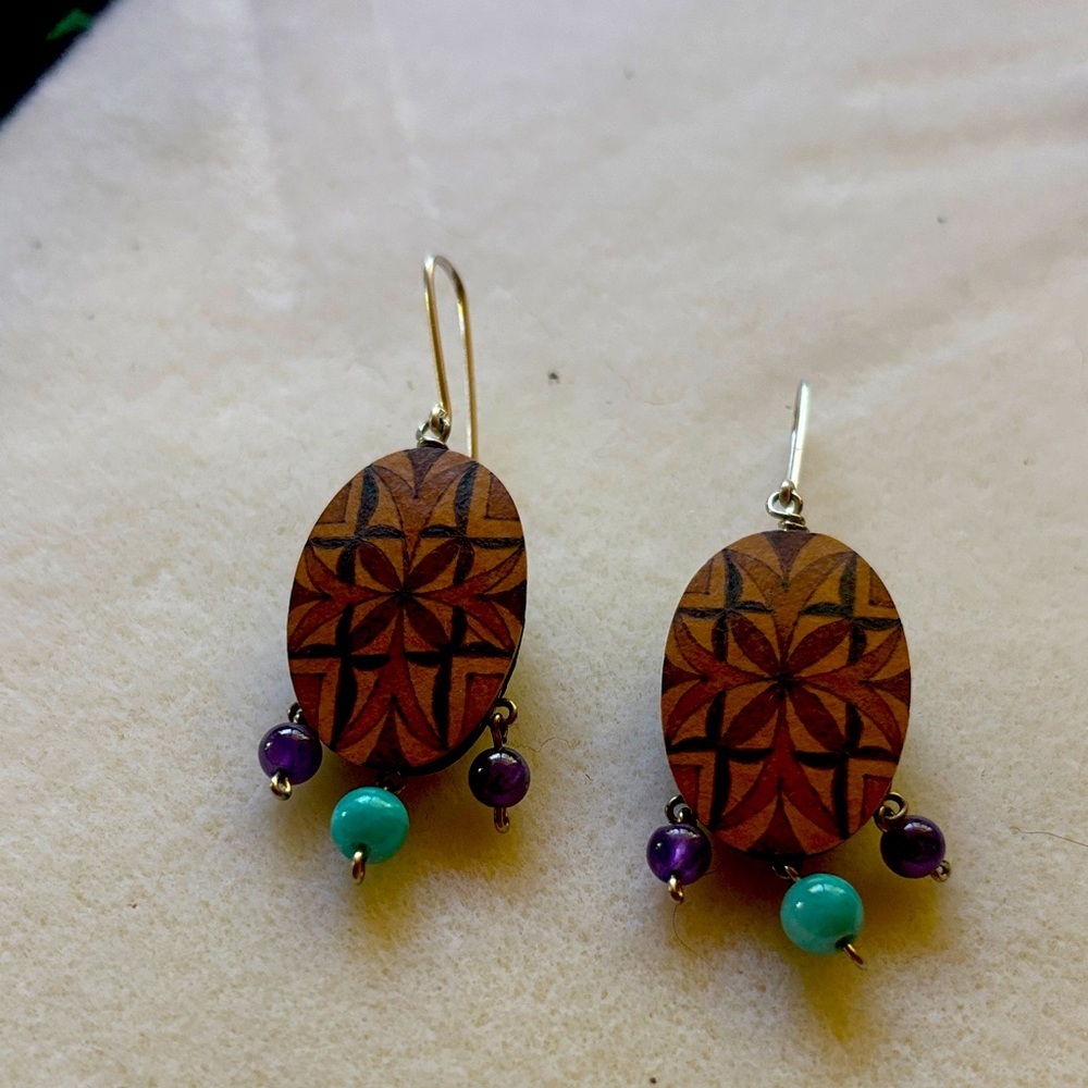 Handcrafted Wooden Earrings with Purple and Turquoise Accents